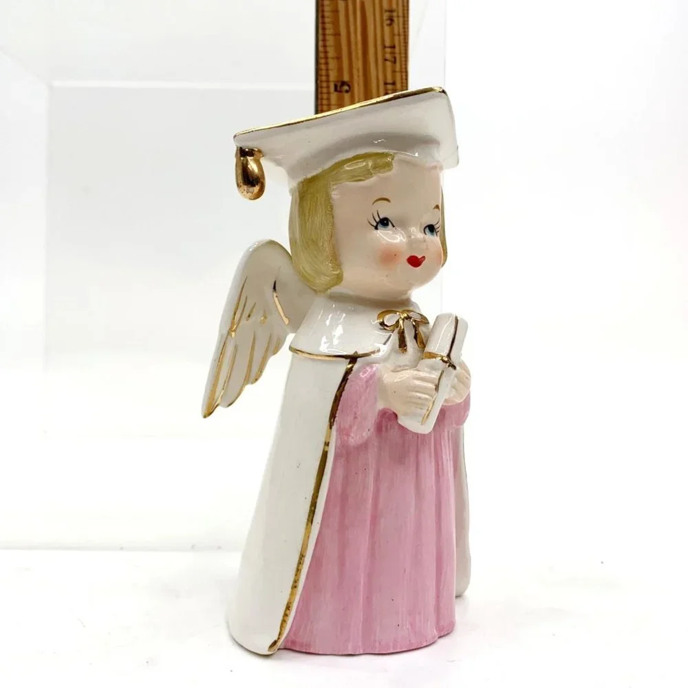 Vtg Graduation Angel Figurine Girl Cap Gown Diploma Graduate Pink White Japan